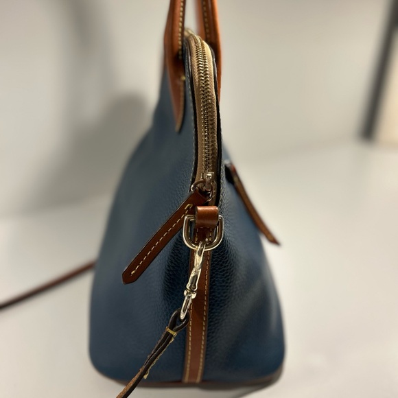 Dooney & Bourke Pebble Grain Leather Satchel Navy Blue Tan Trim Crossbody Purse - Picture 7 of 16